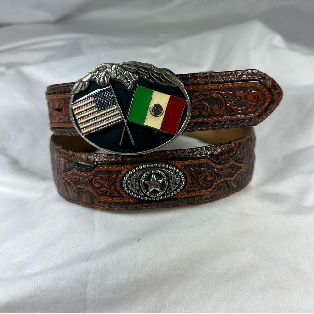 Buckles of America Mexico USA flag buckle with croc pattern leather belt 38